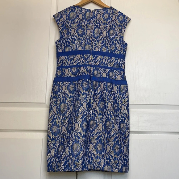 Simply Liliana Metallic Blue & Cream Lace Sheath Dress - Picture 3 of 9